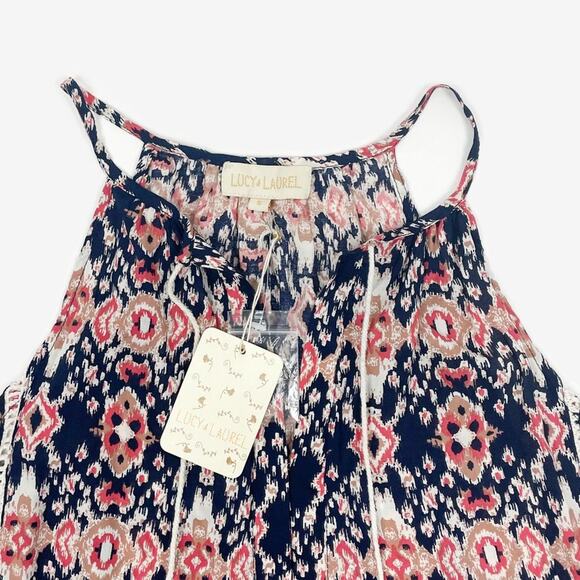 Lucy & Laurel Ikat Print Top Size S Blue Red Casual Boho Beachy Flowy Summer - Picture 7 of 14